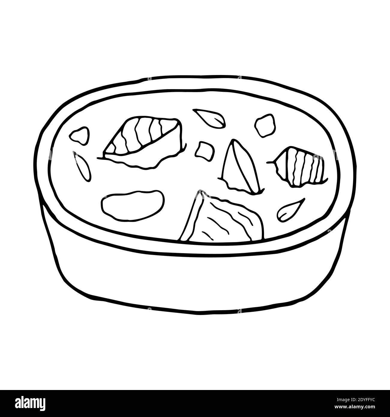 Curry de nouilles à dessin vectoriel à la main. Plat de cuisine indienne. Design sketch élément pour menu café, restaurant, étiquette et emballage. Illustration sur un bac blanc Illustration de Vecteur