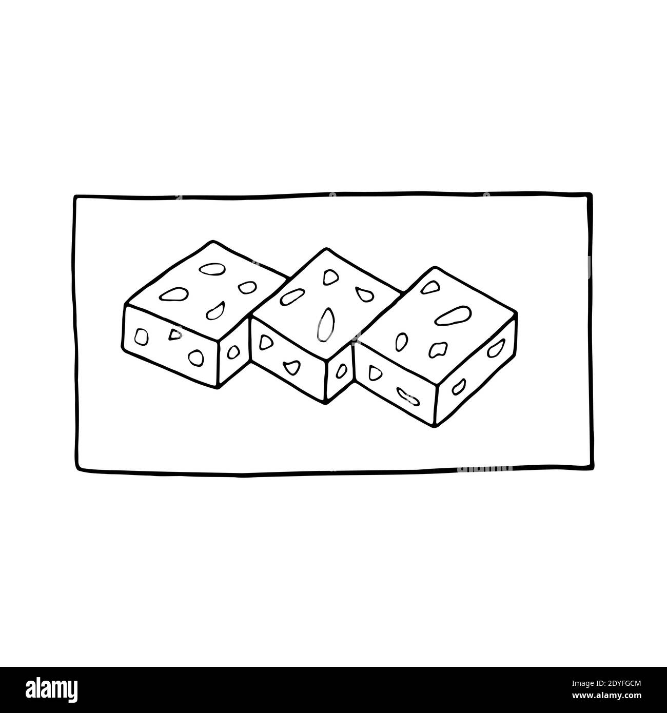 Barfi de sésame à la main, tiré par un vecteur. Dessert indien. Design sketch élément pour menu café, restaurant, étiquette et emballage. Illustration sur un b blanc Illustration de Vecteur