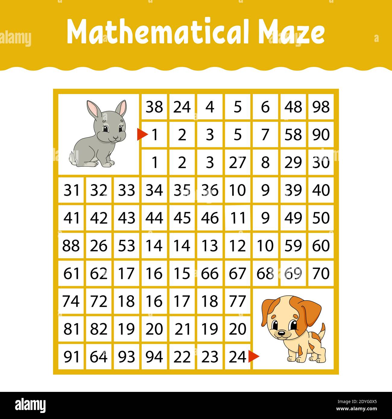 Labyrinthe carré de couleur mathématique. Feuille de travail de développement de l'éducation. Jeu pour enfants. Puzzle pour les enfants. L'étude des nombres. Tambour de labyrinthe. Plat Illustration de Vecteur