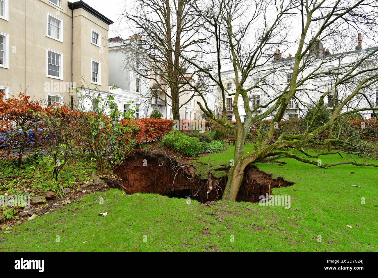 Bristol, Royaume-Uni. 26 décembre 2020. Bristol Royaume-Uni. Place Canynge à Clifton Village UN grand trou d'eau avec arbre s'ouvre dans les jardins privés des résidents. Crédit photo : Robert Timoney/Alay Live News Banque D'Images