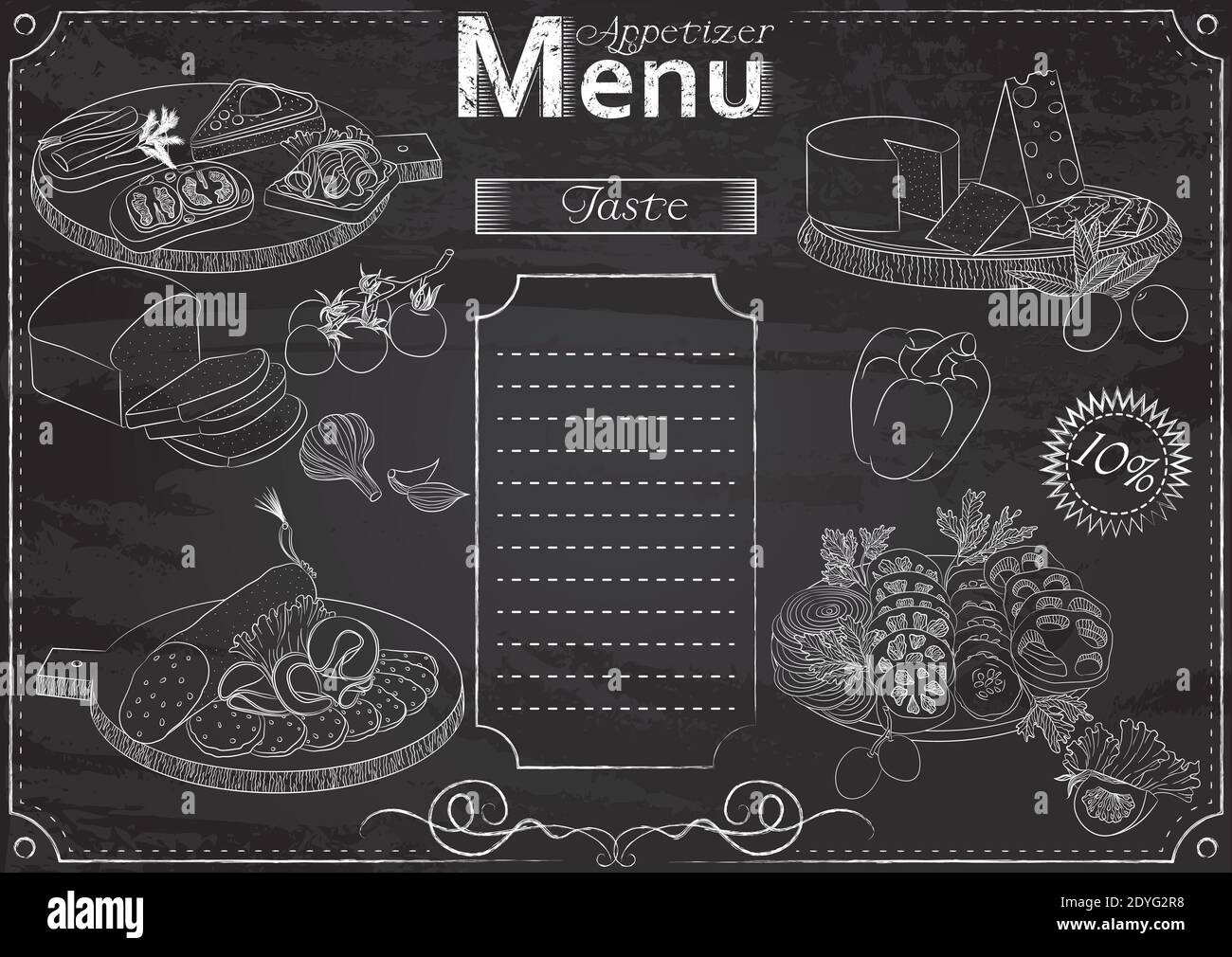 Modèle vectoriel avec des éléments de hors-d'œuvre pour le menu stylisé comme dessin à la craie sur tableau noir.Design pour un restaurant, un café ou un bar Illustration de Vecteur