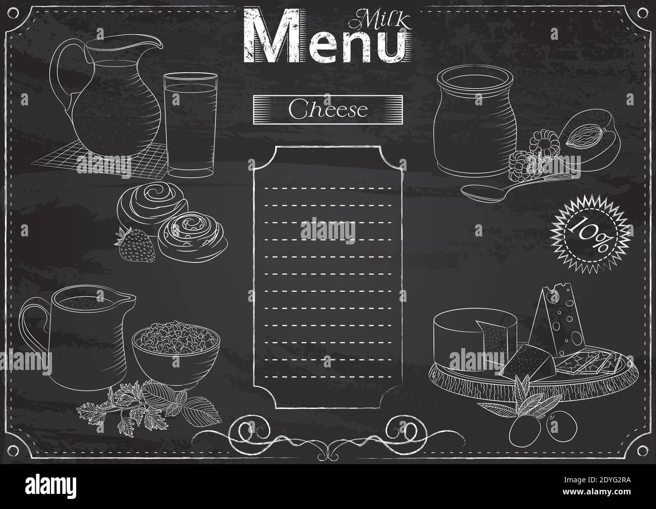Modèle vectoriel avec éléments de nourritures de lait pour le menu stylisé comme dessin de craie sur tableau de chalkboard.Design pour un restaurant, un café ou un bar Illustration de Vecteur