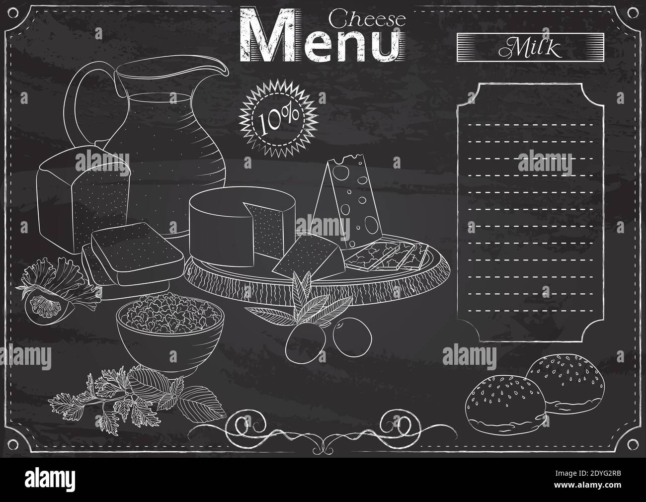 Modèle vectoriel avec éléments de fromage pour le menu stylisé comme dessin à la craie sur tableau noir.Design pour un restaurant, un café ou un bar Illustration de Vecteur