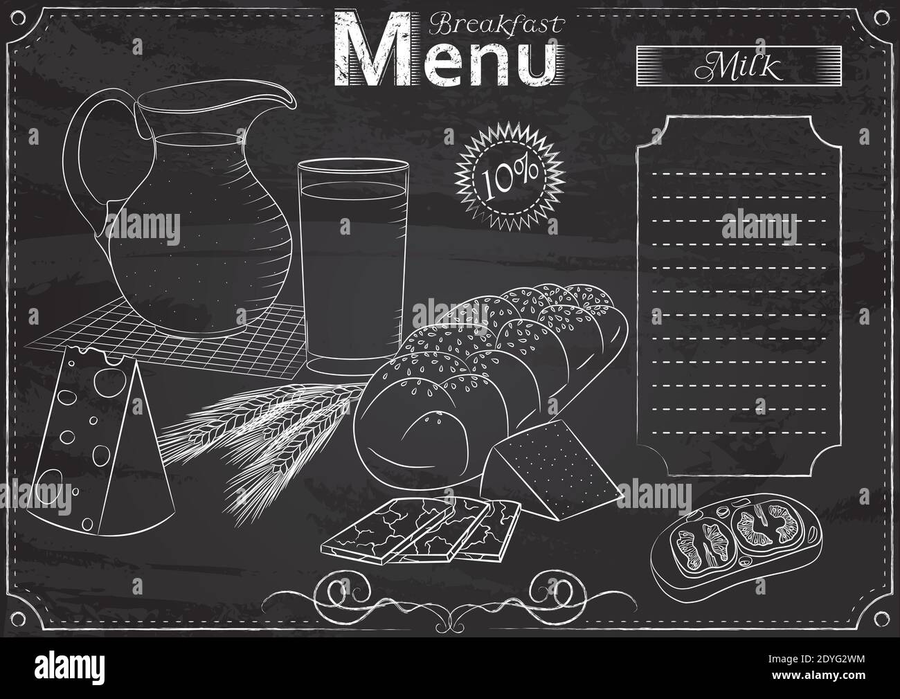 Modèle vectoriel avec éléments de lait de petit déjeuner pour un menu stylisé avec dessin à la craie sur tableau noir.Design pour un restaurant, un café ou un bar Illustration de Vecteur