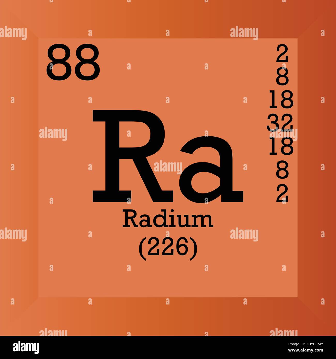 Tableau périodique des éléments chimiques du rayon RA. Illustration à vecteur unique, icône d'élément avec masse molaire, nombre atomique et cont. D'électrons. Illustration de Vecteur