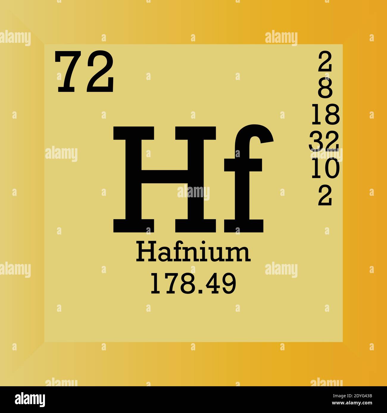 HF Hafnium élément chimique Tableau périodique. Illustration à vecteur unique, icône d'élément avec masse molaire, nombre atomique et cont. D'électrons. Illustration de Vecteur