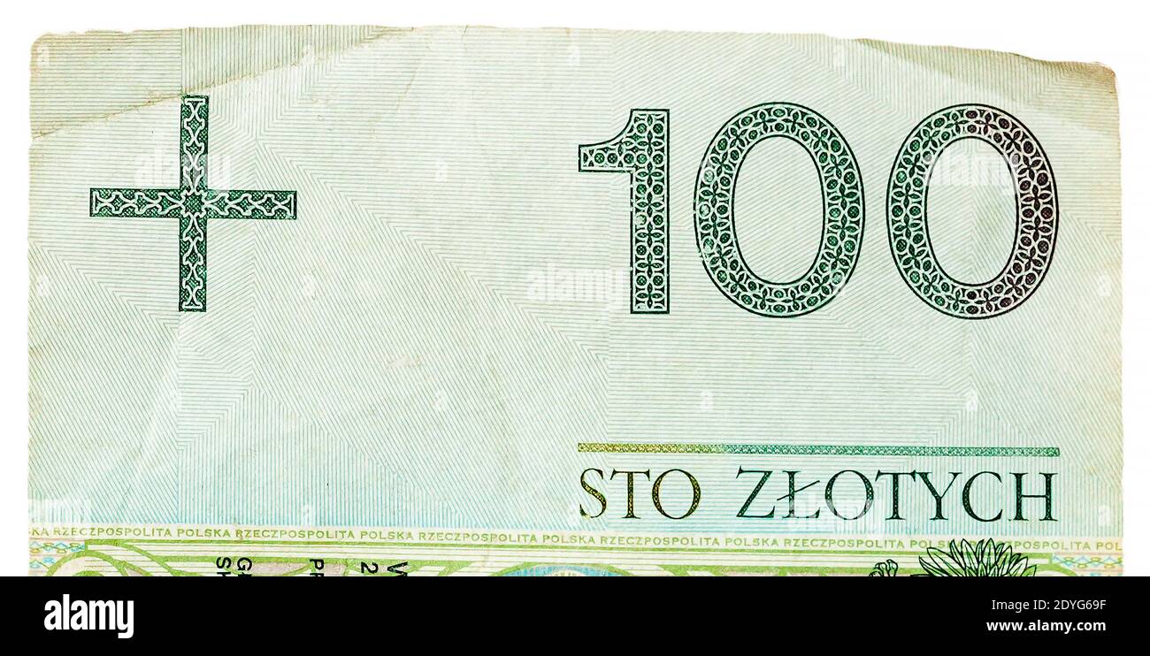 Devise polonaise, PLN, 100 zł, une centaine de zloty billet macro très gros plan détail de la partie supérieure, vue du dessus de la facture, vue d'en haut, partie de billet de banque Banque D'Images
