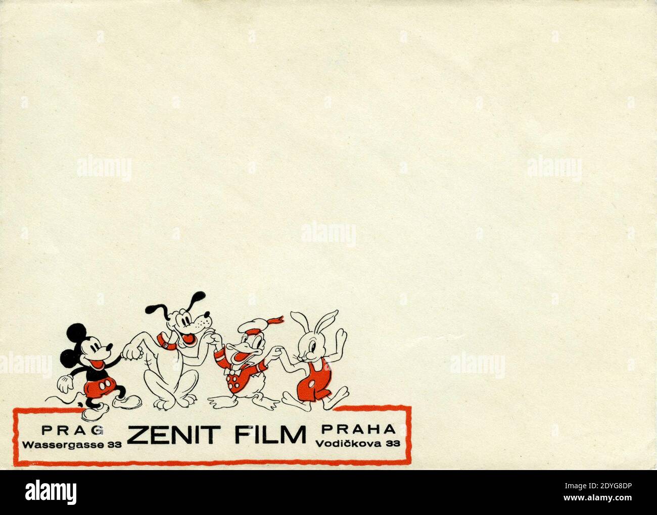 Avant de l'enveloppe avec des images de MICKEY MOUSE PLUTON et DONALD DUCK pour ZENIT FILM vers 1939 peut-être (illégal ?) Distributeurs de WALT DISNEY Cartoon Short pendant le temps du protectorat nazi de Bohême et de Moravie en Tchécoslovaquie Banque D'Images