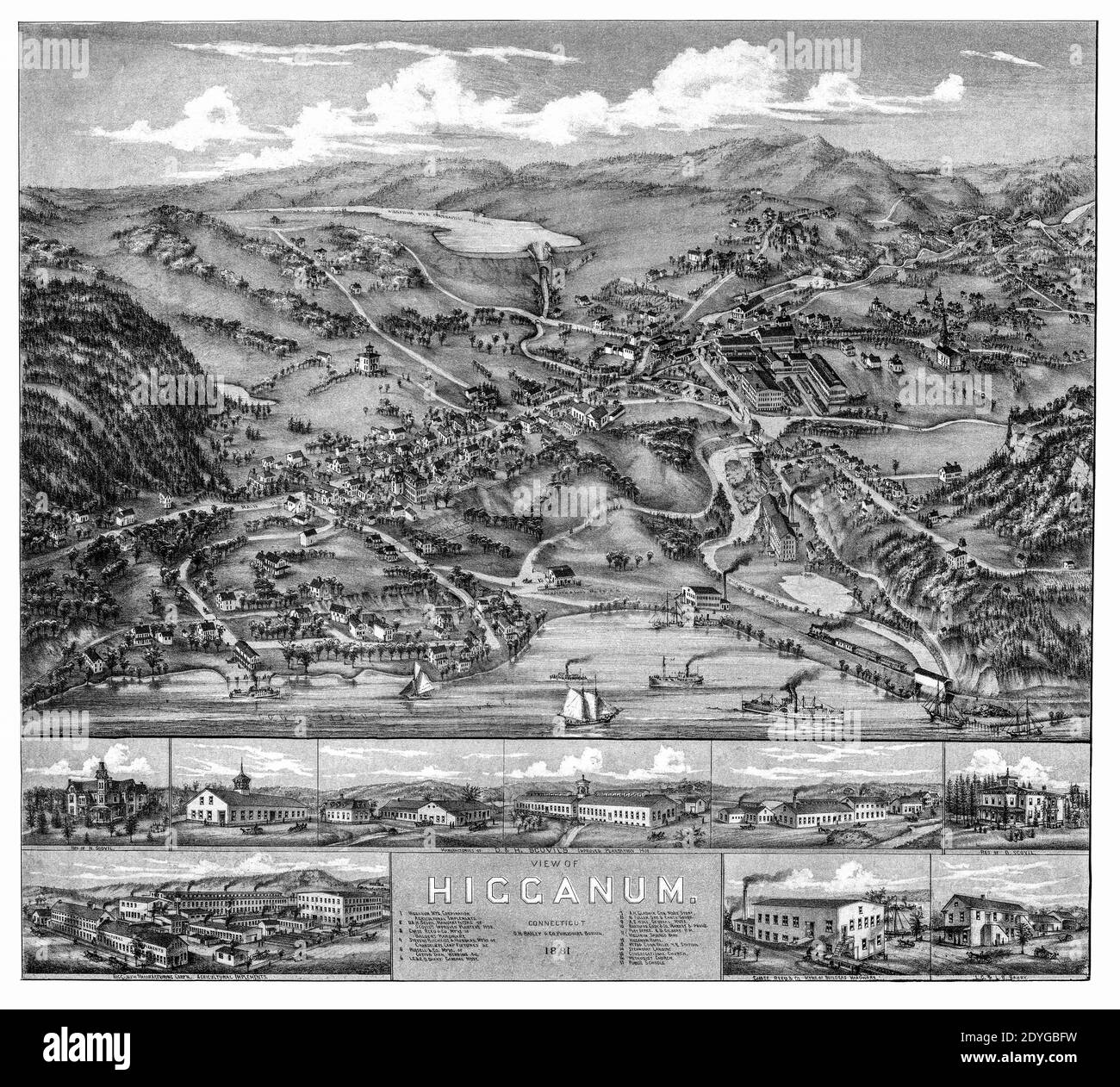 Reproduction soigneusement restaurée de la vue en perspective ou de la carte de Higganum Connecticut, vers 1881. Notez l'identification des noms de rue, des points de repère, des entreprises, des chemins de fer et des bâtiments de fabrication. Cette reproduction restaurée et détaillée fait ressortir de nombreux détails et monuments, ce qui fait de cette carte une grande référence historique. S'il vous plaît se lire mes autres reproductions restaurées de cartes de la ville du Connecticut. Banque D'Images