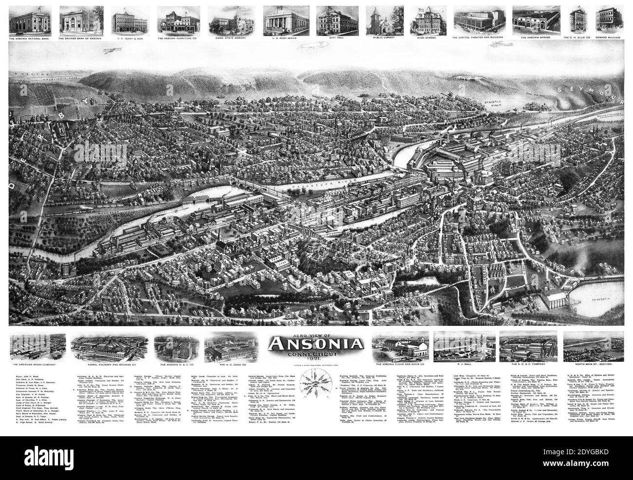 Perspective ou vue panoramique d'Ansonia, Connecticut, à partir de la carte de 1921. Notez l'emplacement des points d'intérêt. Banque D'Images