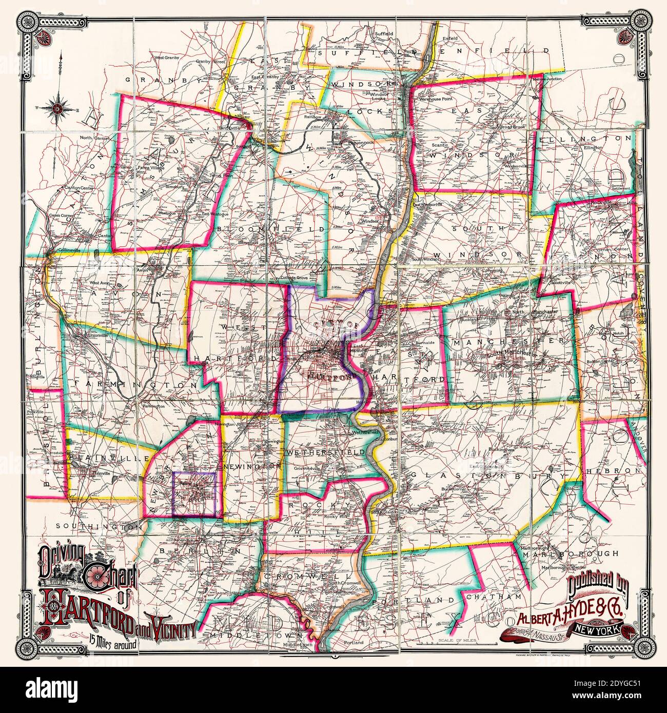 Titre: 'Carte de conduite de Hartford et des environs 15 miles autour.' Carte antique de l'époque des courses de chevaux de la région d'environ 15 km autour de Hartford Connecticut. La carte antique a été publiée en 1884. Notez que la conduite ne fait pas référence aux véhicules à moteur, mais aux chariots à fourche. Banque D'Images