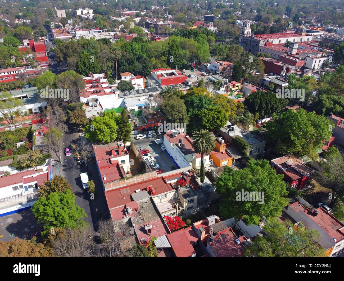 Centre historique de Villa Coyoacan vue aérienne à Mexico CDMX, Mexique. Banque D'Images