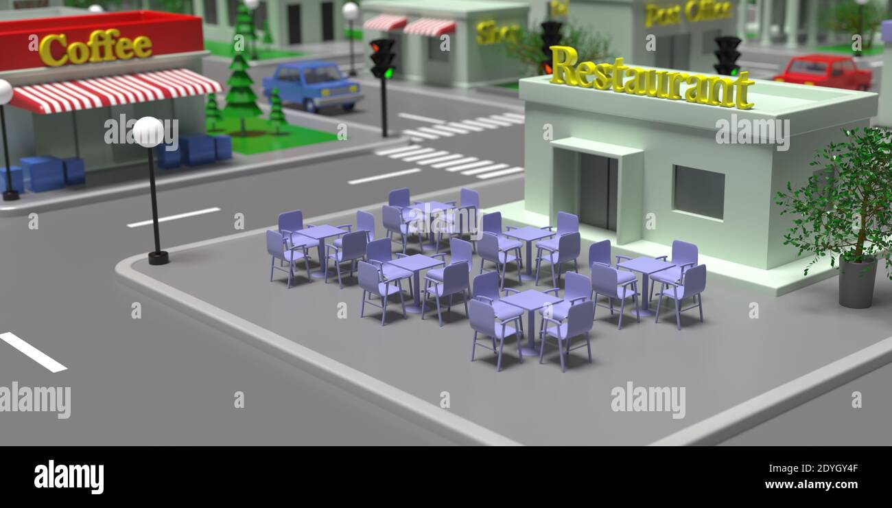 Concept de restaurant de rue de dessin animé en centre-ville. Isométrique, magasin de cuisine extérieur fermé avec tables et sièges, pause repas et boissons, loisirs à citysca Banque D'Images