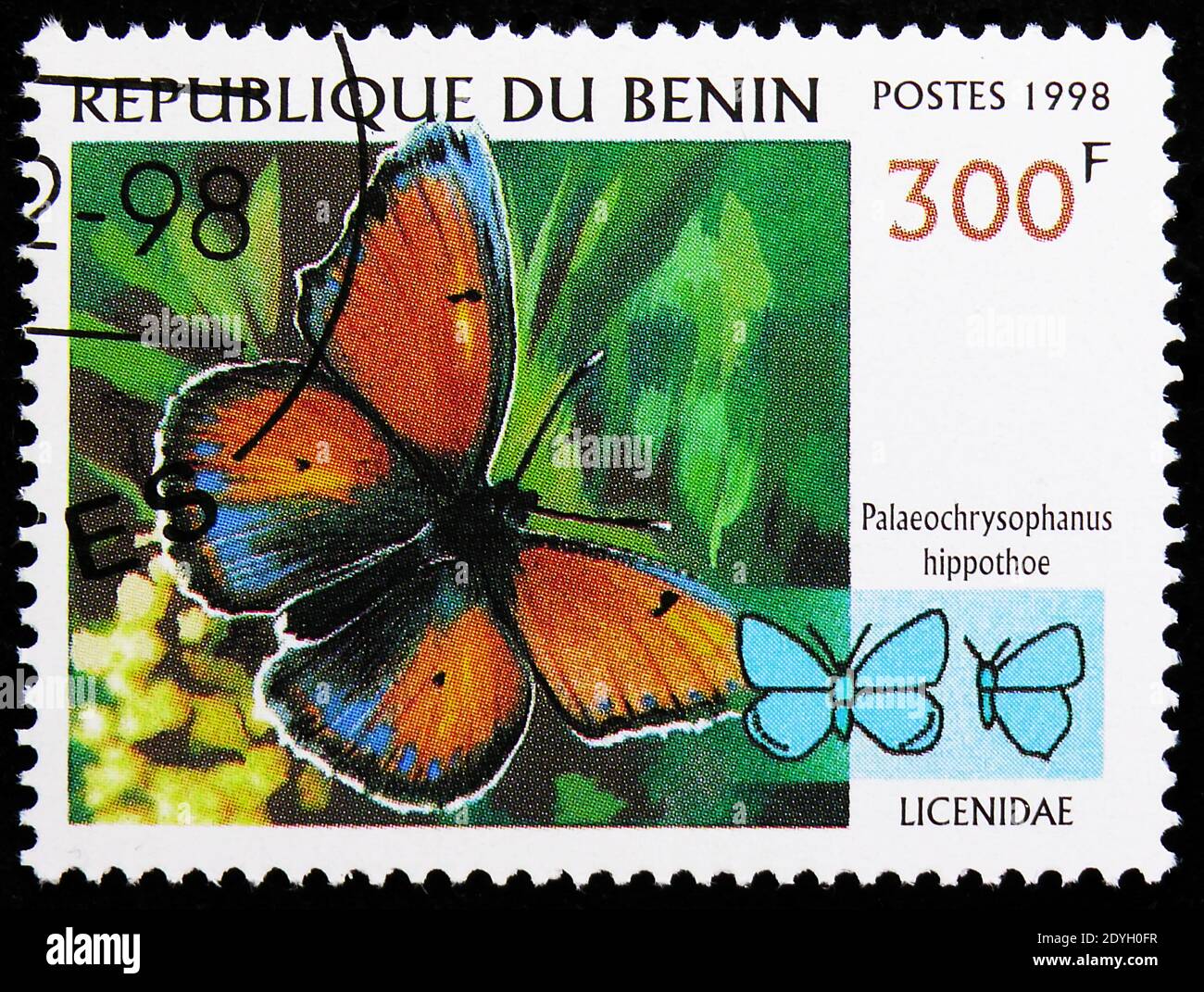 MOSCOU, RUSSIE - 8 AOÛT 2019 : le timbre-poste imprimé au Bénin montre du cuivre à pattes pourpre (Paleochersophanus hippothoe), série de papillons, vers 199 Banque D'Images