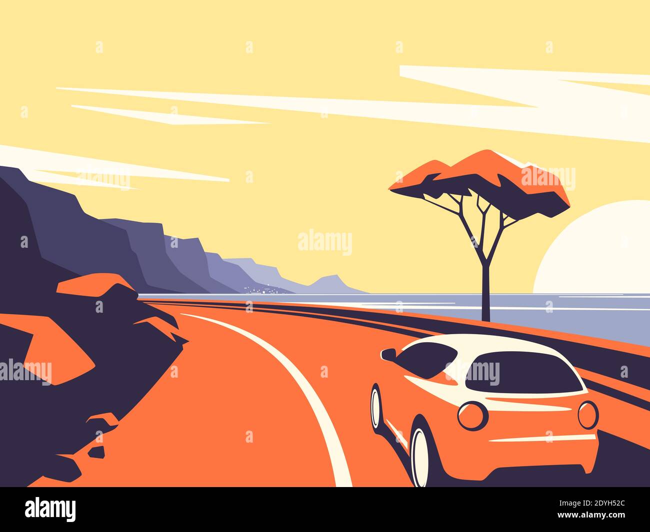 Illustration vectorielle d'une voiture rouge se déplaçant le long de l'océan route de montagne Illustration de Vecteur