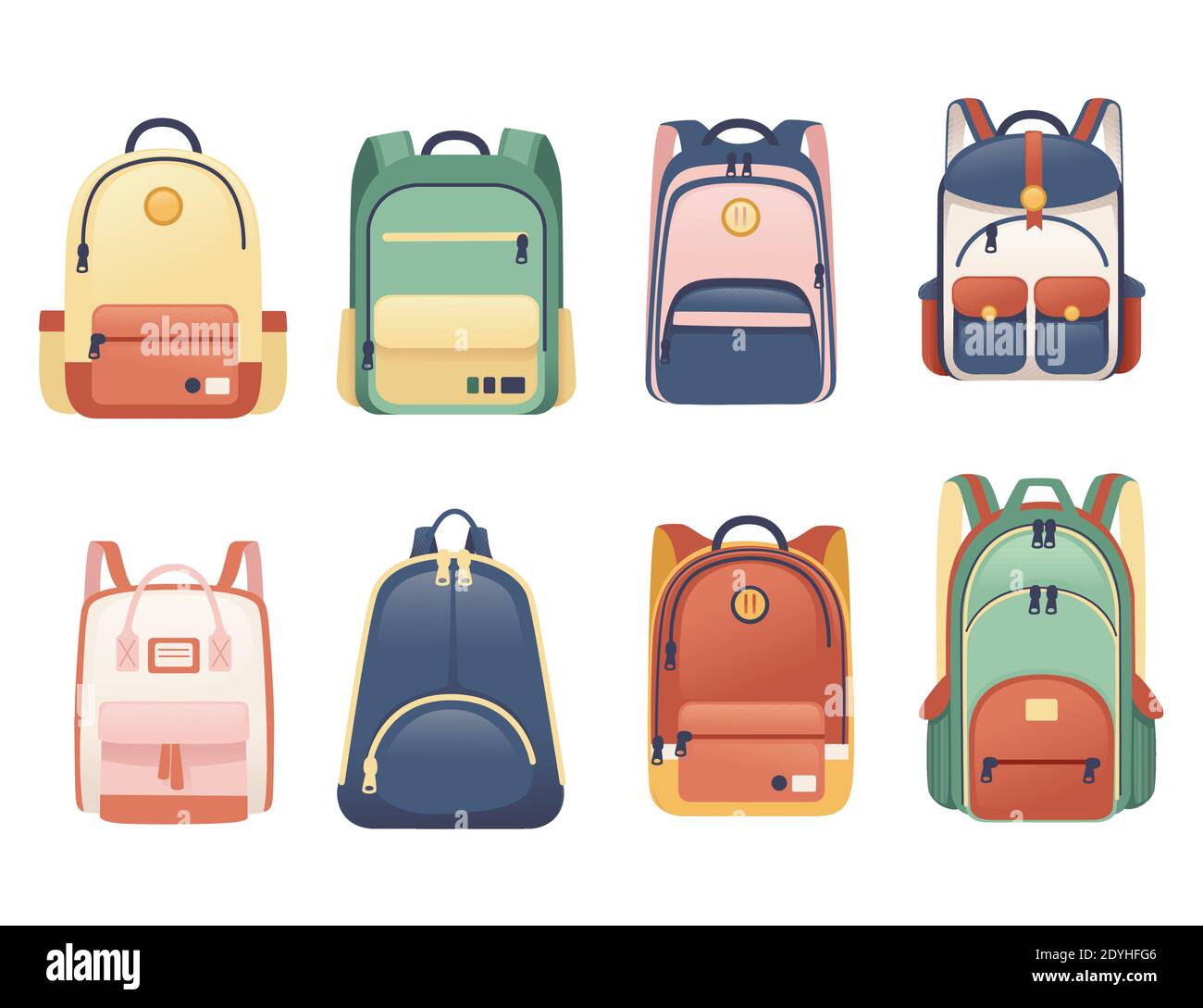 Ensemble de sacs d'école différentes tailles et formes illustration vectorielle plate sur fond blanc. Illustration de Vecteur