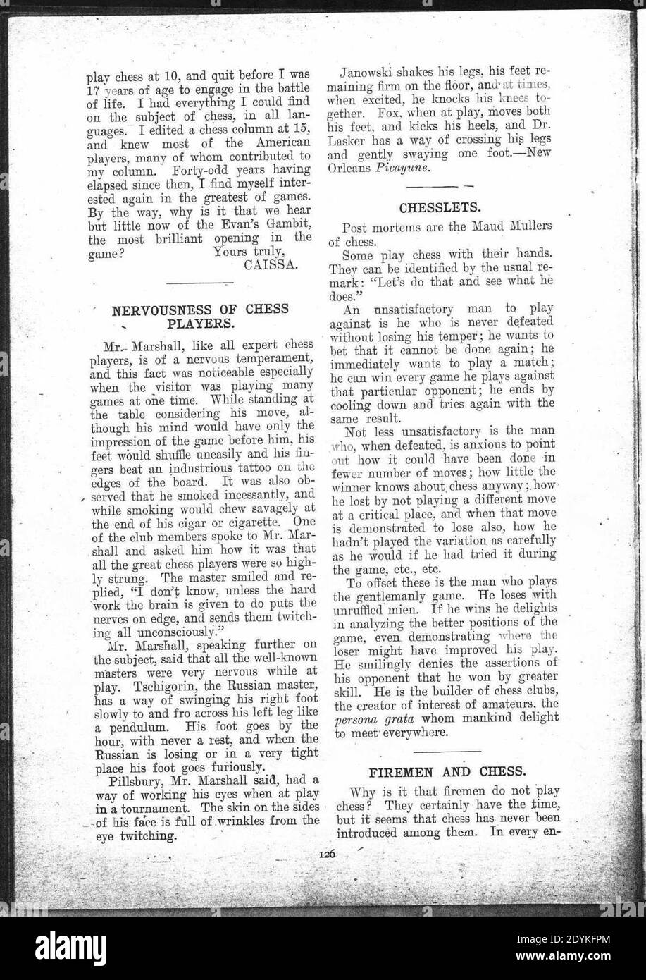 Le magazine d'échecs Laskers janvier 1905 Volume 1 page 126. Banque D'Images