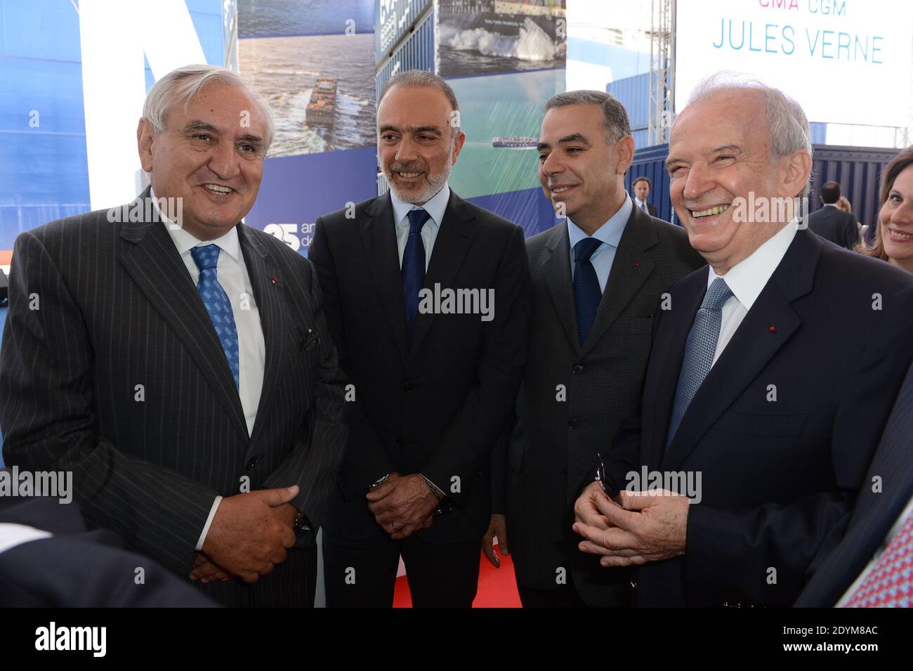 L-R : Jean-Pierre Raffarin, Philippe Bustros, Khalil Karam et Marwan Hamade  assistent à l'inauguration de 'CMA CGM Jules Verne', le plus grand navire à  conteneurs du monde sous pavillon français, vu à