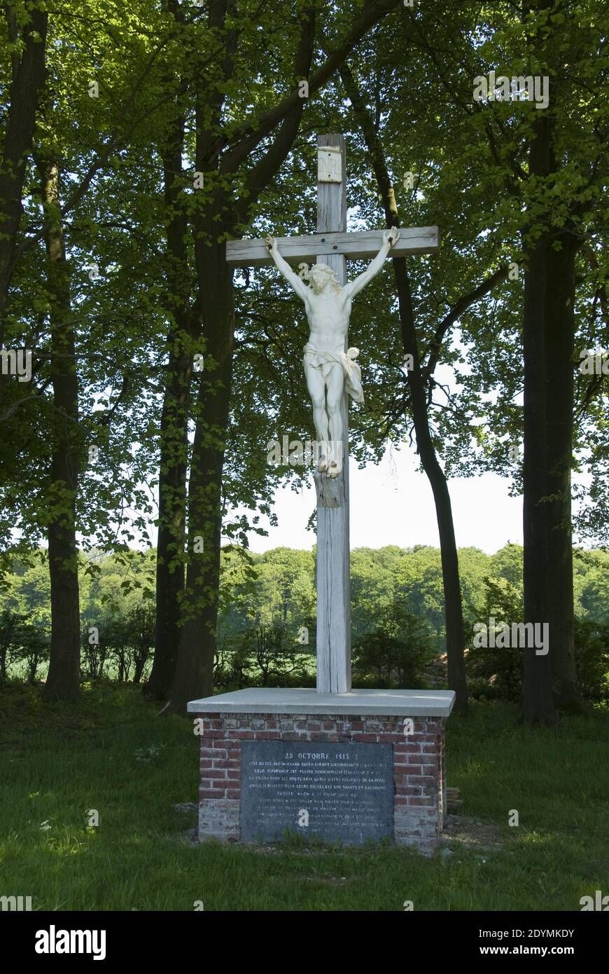 Une croix sur une tombe de masse de soldats de la bataille d'Agincourt de 1415, une victoire anglaise dans la guerre de cent ans, Azincourt, France. Banque D'Images