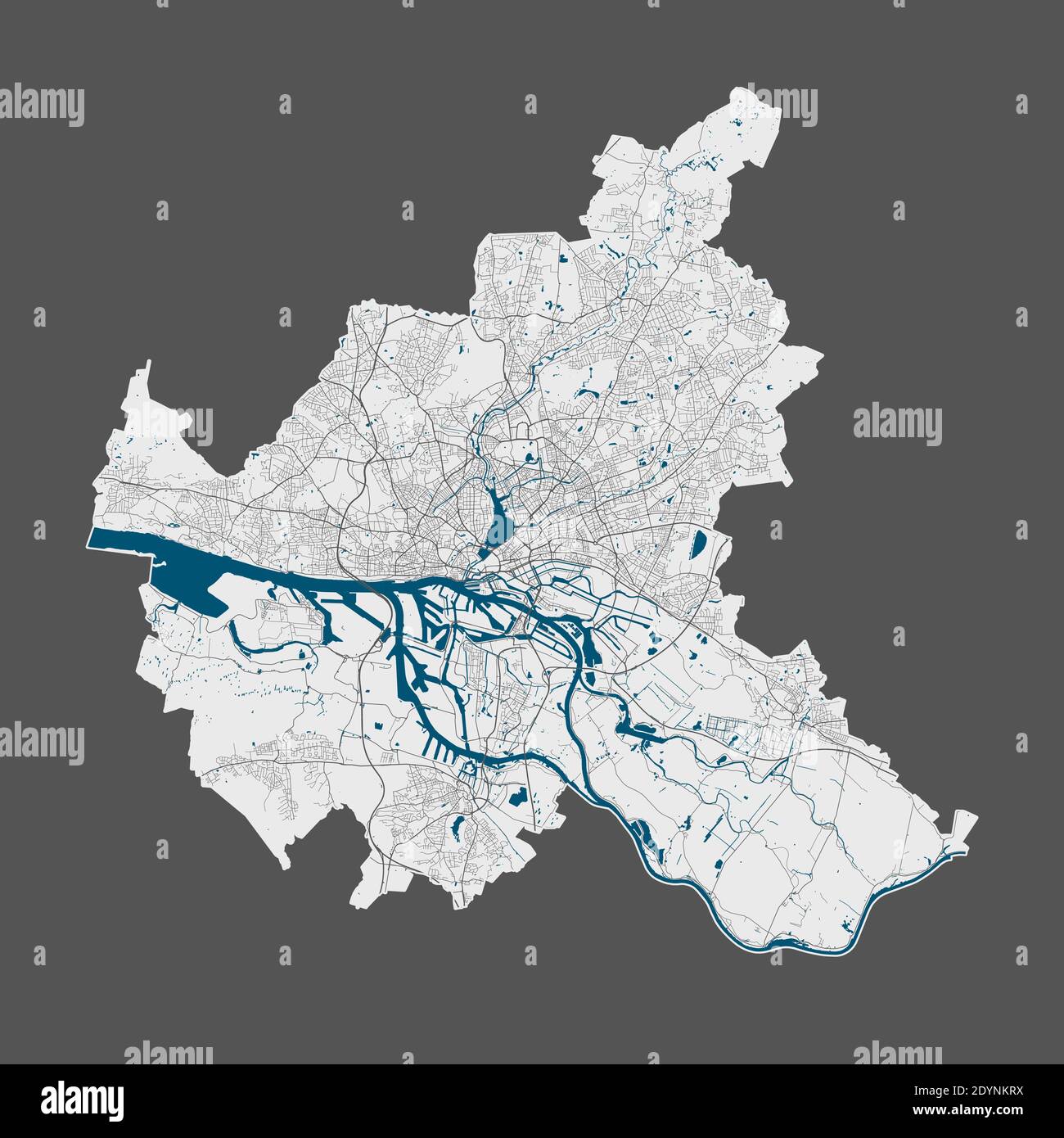 Carte de Hambourg. Carte vectorielle détaillée de la zone administrative de Hambourg. Affiche avec rues et eau sur fond gris. Illustration de Vecteur