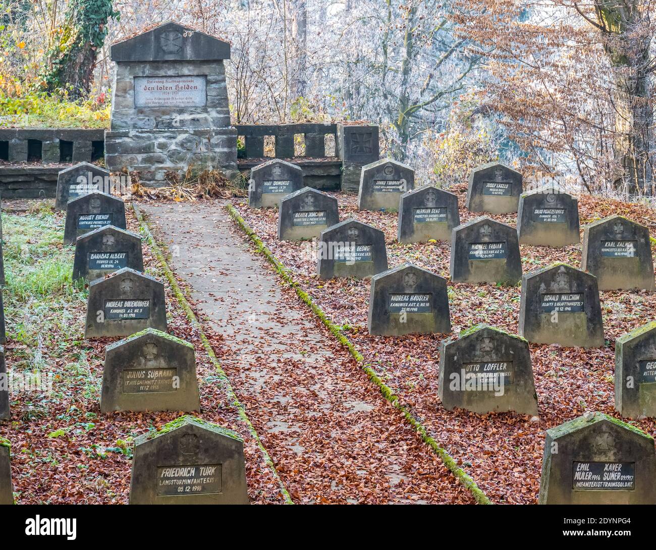 Sighisoara Roumanie - 11.26.2020 : Mémorial dédié aux héros de la première Guerre mondiale dans le cimetière de l'Eglise évangélique près de l'Eglise sur la colline, S Banque D'Images