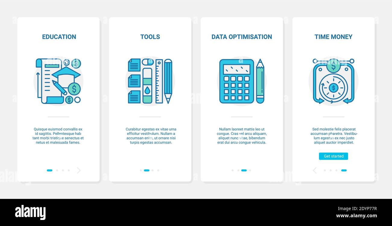 Analyse des données d'entreprise, optimisation de l'illustration du vecteur d'investissement financier. UX, écran de page d'application mobile d'intégration d'interface utilisateur avec outils d'éducation financière de ligne, argent comptant et symboles d'investissement Illustration de Vecteur