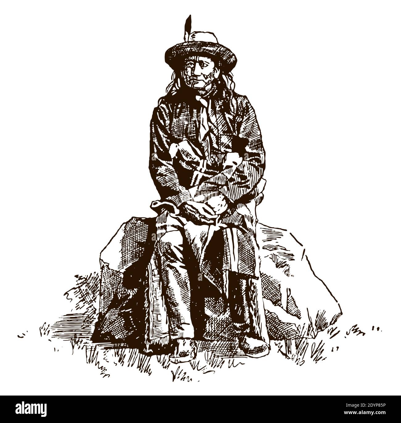 Le chef Sioux autochtone historique d'Oglala Young-Man-Scray-of-Hits-Horses en vue frontale, assis sur un rocher Illustration de Vecteur