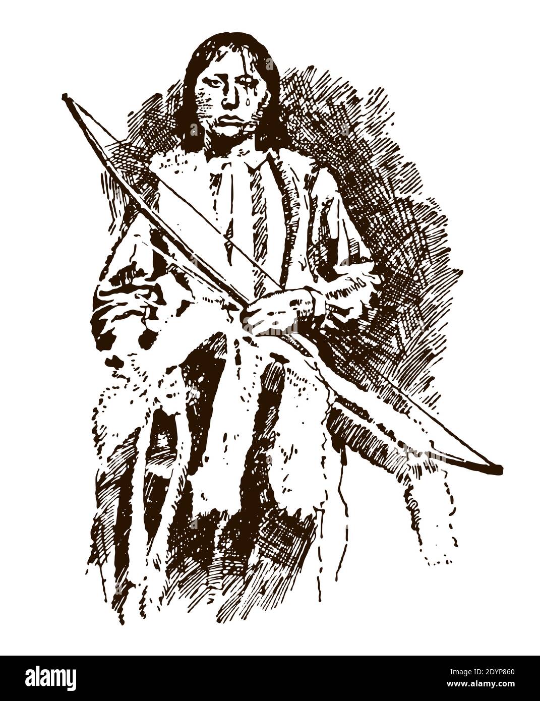 Portrait de l'historique chef de Kiowa amérindien Big Tree en vue frontale, en tenant l'arc et la flèche Illustration de Vecteur