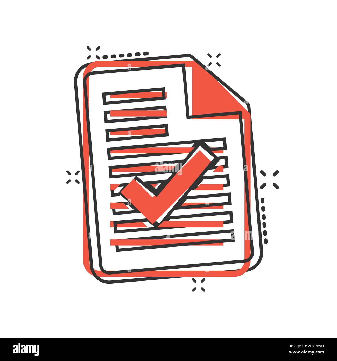Icône document accepté dans le style comique. Corriger l'illustration vectorielle sur un arrière-plan blanc isolé. Vérifiez le concept commercial effet destruction message. Illustration de Vecteur