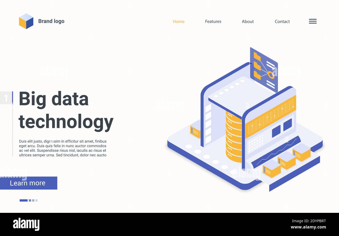 Conception de page d'accueil isométrique de machine de serveur Big Data, système de technologie d'information en 3D de dessin animé pour la recherche d'analyse numérique, résultat d'analyse d'entreprise, illustration de vecteur d'information de base de données technique de recherche Illustration de Vecteur
