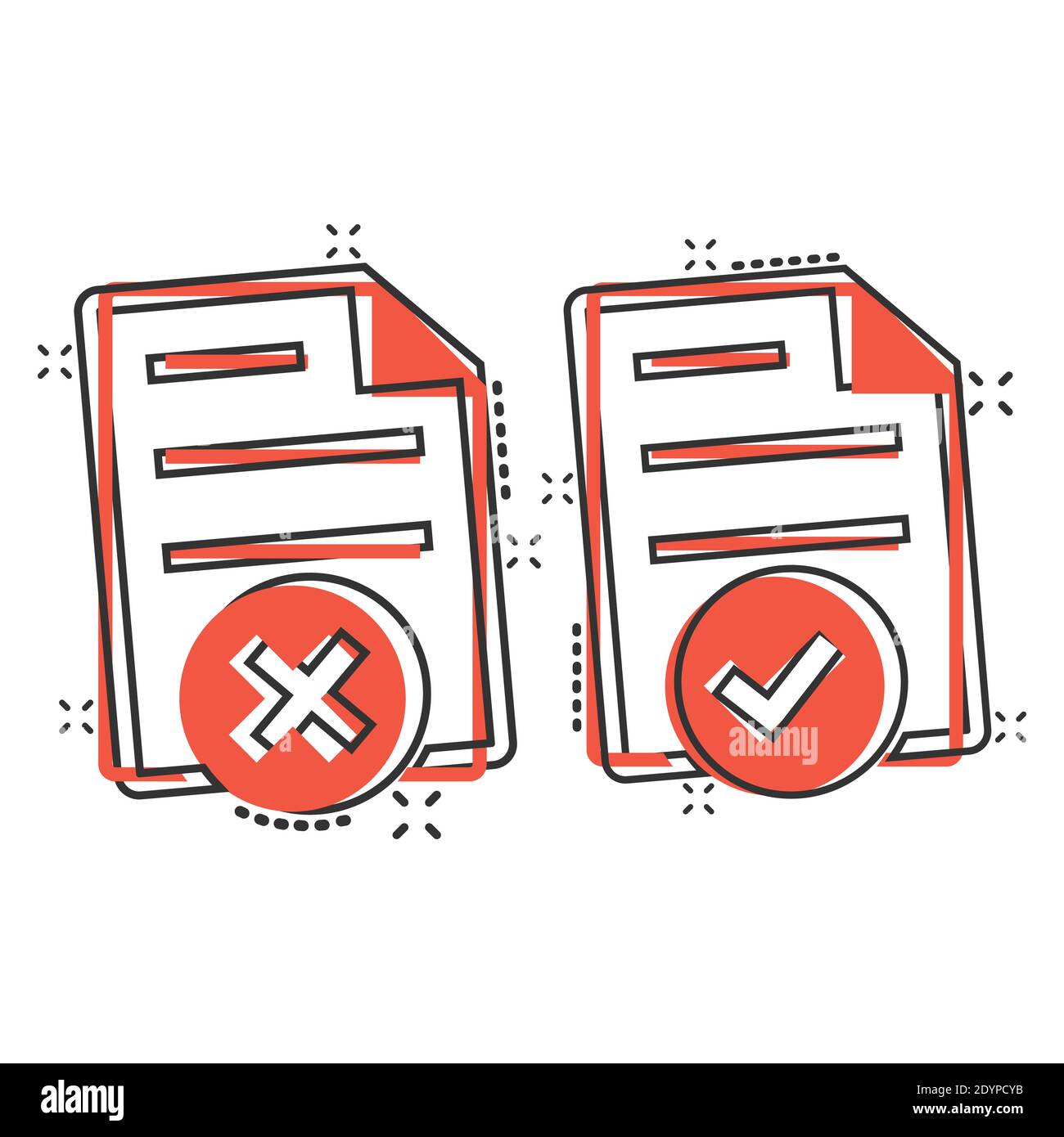 Documenter l'icône acceptée et endommagée en style de bande dessinée. Illustration correcte et brisée du vecteur de dessin animé sur fond blanc isolé. Vérifier l'effe du message Splash Illustration de Vecteur
