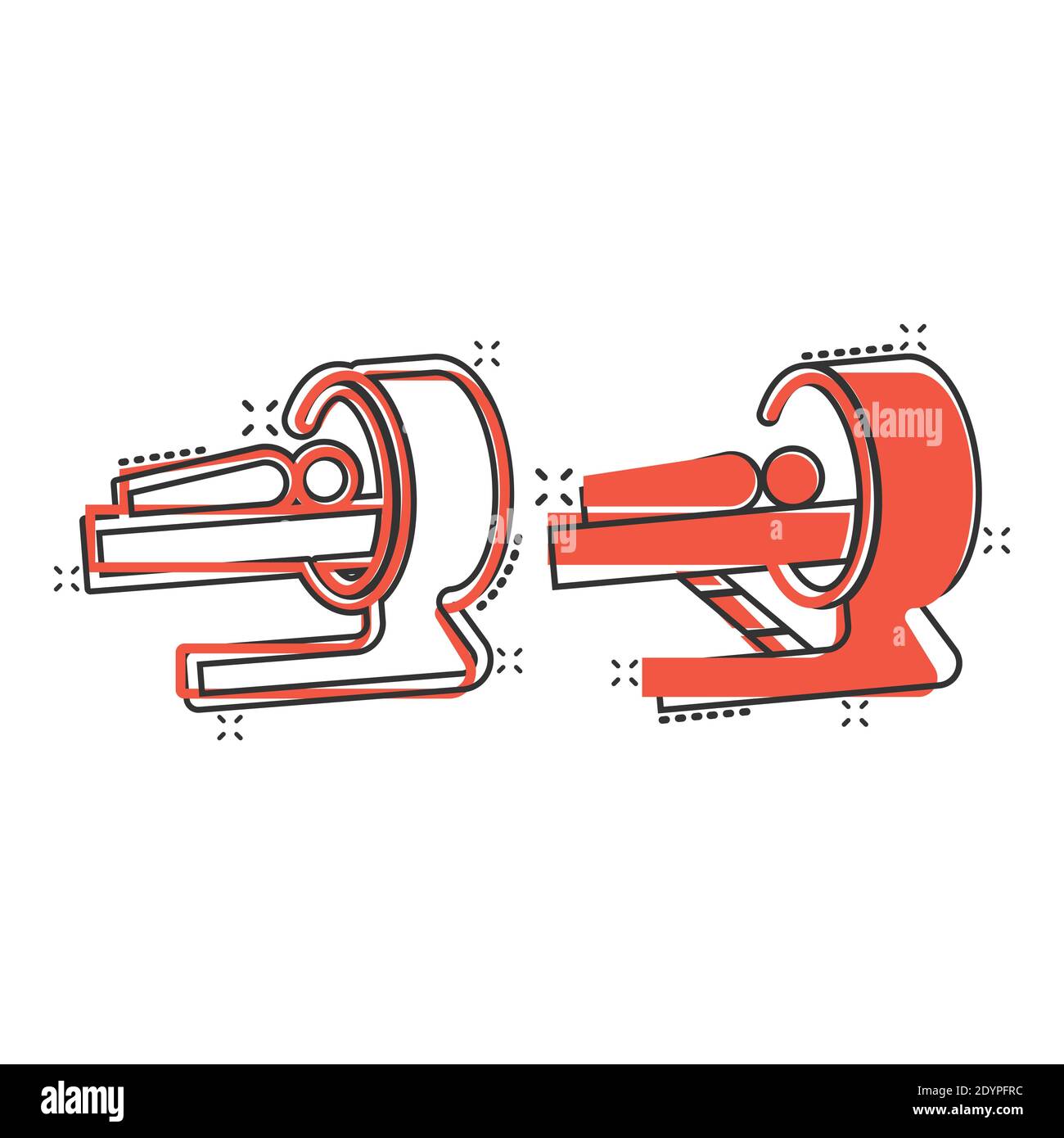 Icône radiologie dans le style comique. Illustration vectorielle tomographique sur fond blanc isolé. Concept commercial effet éclaboussures du scanner IRM. Illustration de Vecteur