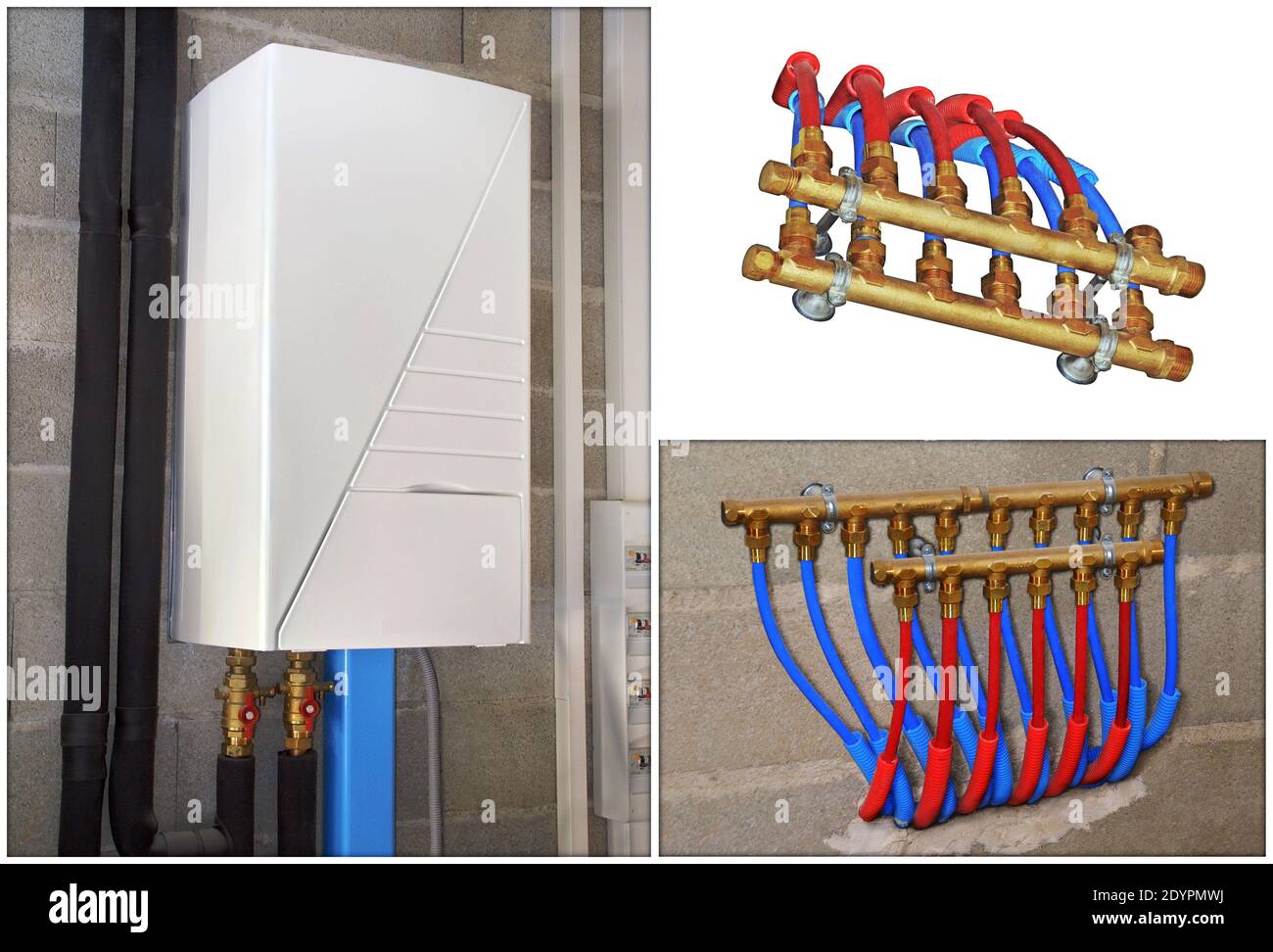 Raccords de tuyaux et boîtier de commande pour un système de chauffage au sol. Banque D'Images