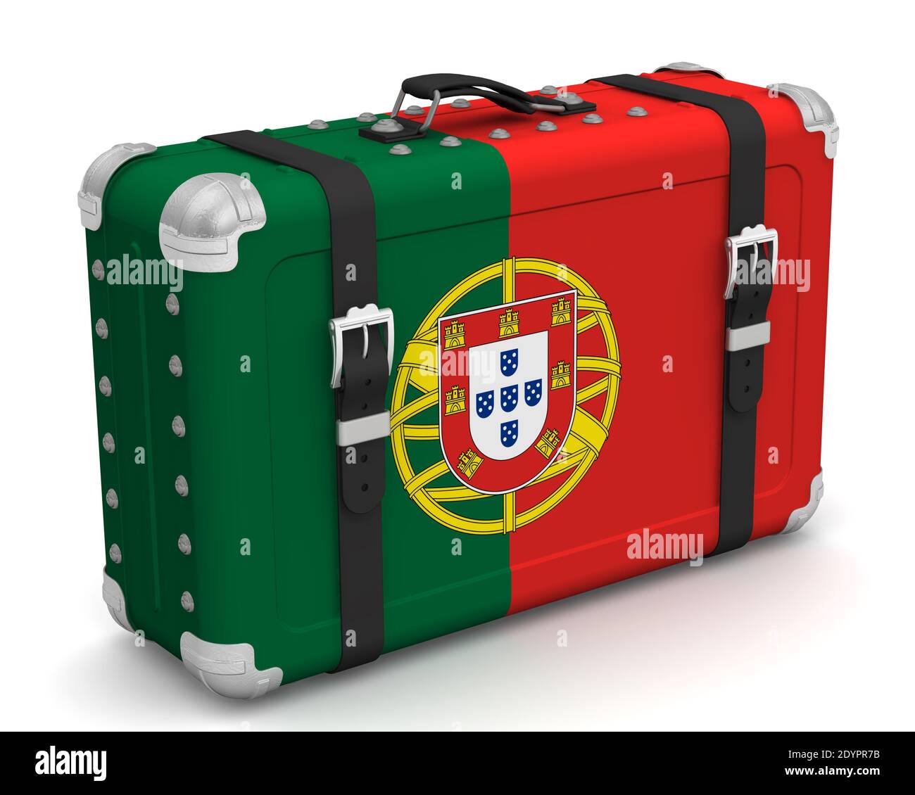 Valise élégante avec drapeau national du Portugal. Valise rétro avec le drapeau national de la République portugaise se trouve sur une surface blanche Banque D'Images