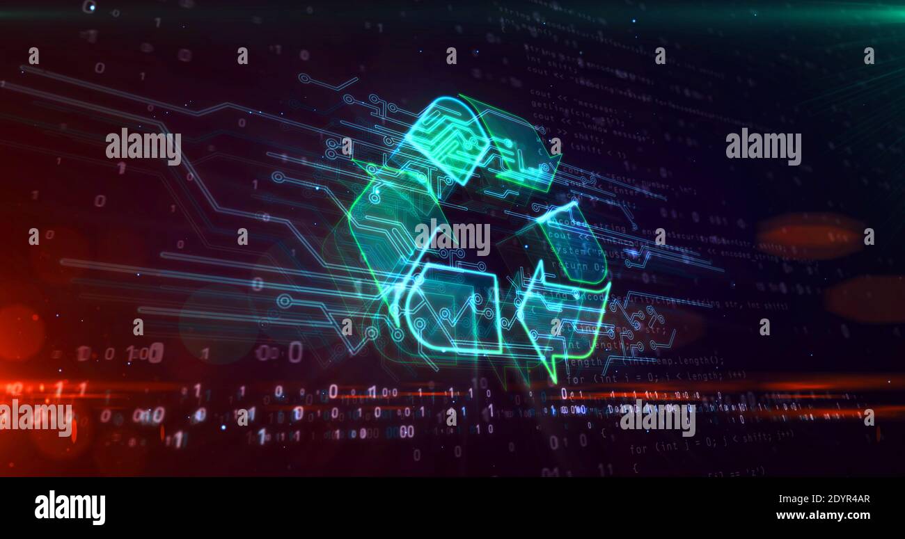 Symbole de recyclage, écologie, icône de réutilisation, gestion, technologie verte et industrie propre. Illustration de rendu 3d futuriste. Banque D'Images