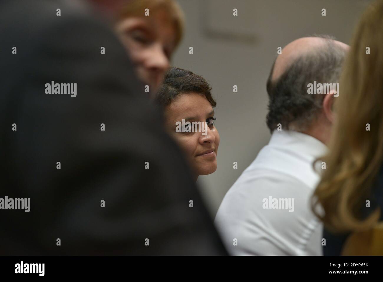 Najat Vallaud-Belkacem, Laurent Fabius lors de la conférence de presse du Président François Hollande à Sidi Bou Said près de Tunis, Tunisie, le 5 juillet 2013. Hollande, dont le voyage de deux jours en Tunisie est le premier d'un président français depuis la révolution de janvier 2011 qui a renversé l'homme fort vétéran et ancien allié français Zine El Abidine Ben Ali, a exprimé des mots d'encouragement pour un pays gouverné par l'islamiste. Photo de Mousse/ABACAPRESS.COM Banque D'Images