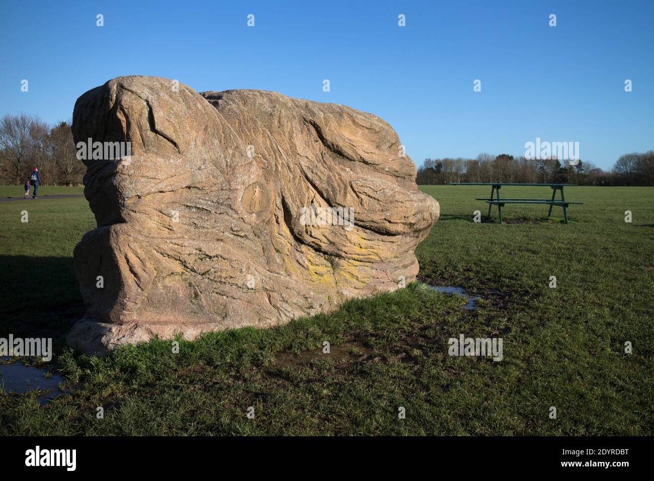 Sculpture sur roche au parc Hillfield en hiver, Monkspath, Solihull, West Midlands, Royaume-Uni Banque D'Images
