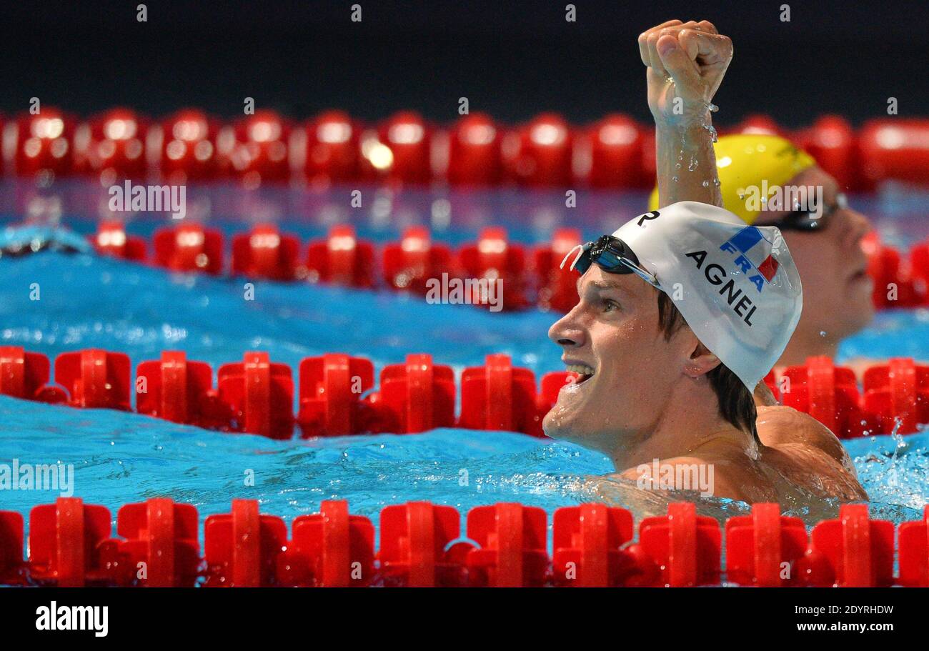 Yannick Agnel en France célèbre après avoir remporté la finale libre masculine de 200 m des 15 championnats du monde de natation de la FINA à la piscine municipale de Montjuic à Barcelone, Espagne, le 30 juillet 2013. Photo de Christian Liewig/ABACAPRESS.COM Banque D'Images