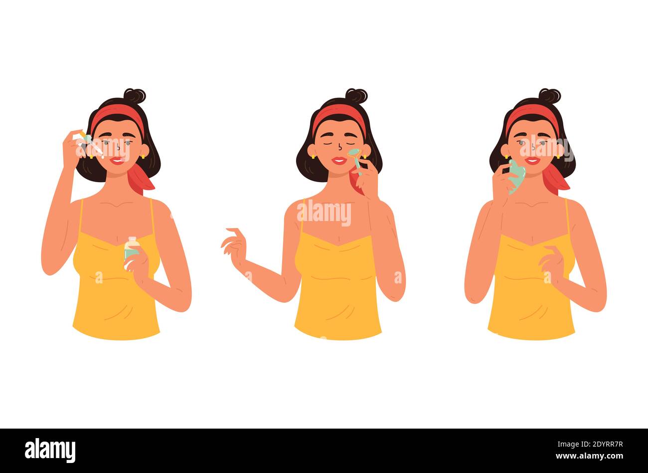 Méthode anti-âge de soin de la peau. Gua Sha. Illustration de Vecteur