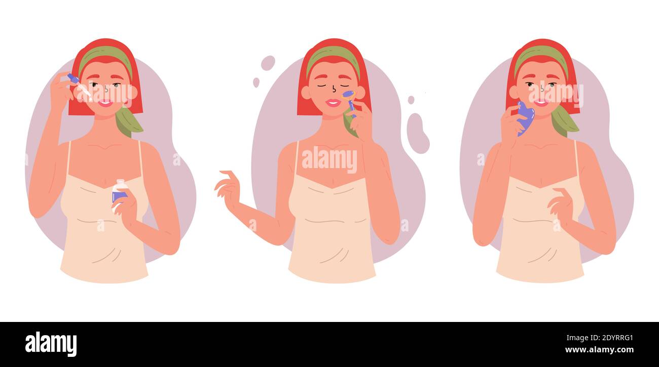 Méthode anti-âge de soin de la peau. Gua Sha. Illustration de Vecteur