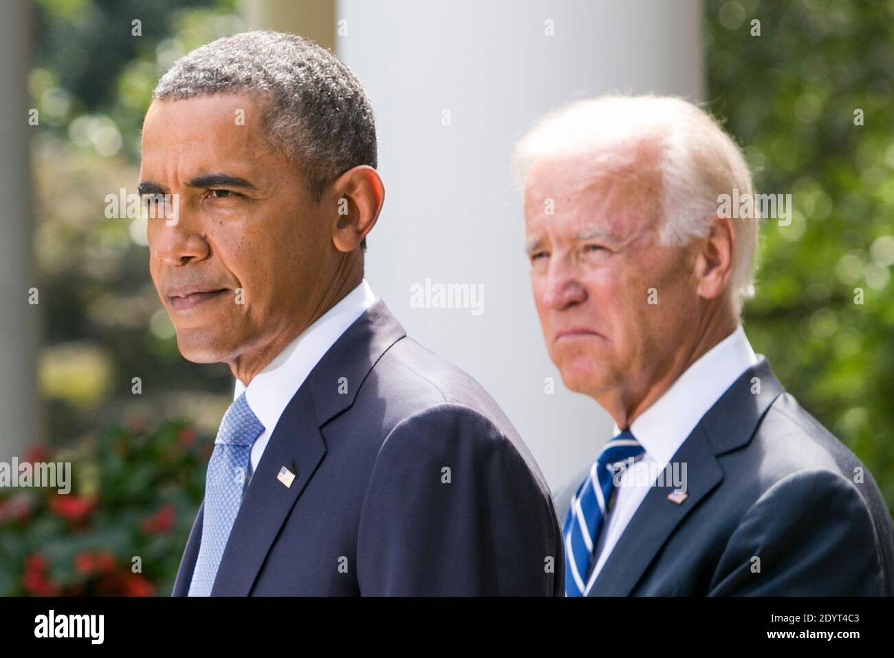 Le président Barack Obama, accompagné du vice-président Joe Biden, prononce une déclaration sur la Syrie dans le jardin des roses de la Maison Blanche à Washington, DC, États-Unis, le 31 août 2013. Photo de Kristoffer Tripplaar/Pool/ABACAPRESS.COM Banque D'Images