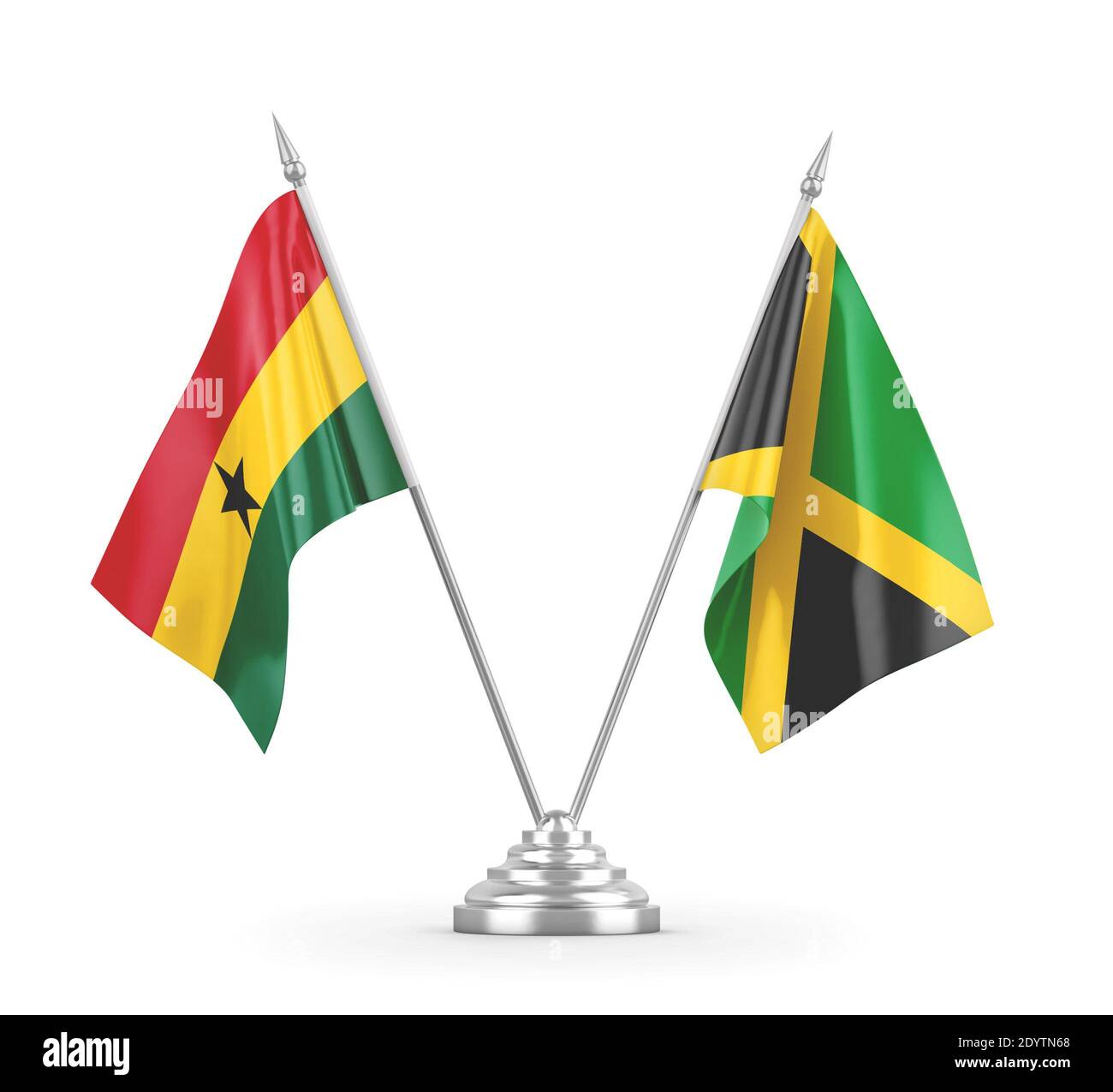 Drapeaux de table de la Jamaïque et du Ghana isolés sur le rendu 3D blanc Banque D'Images