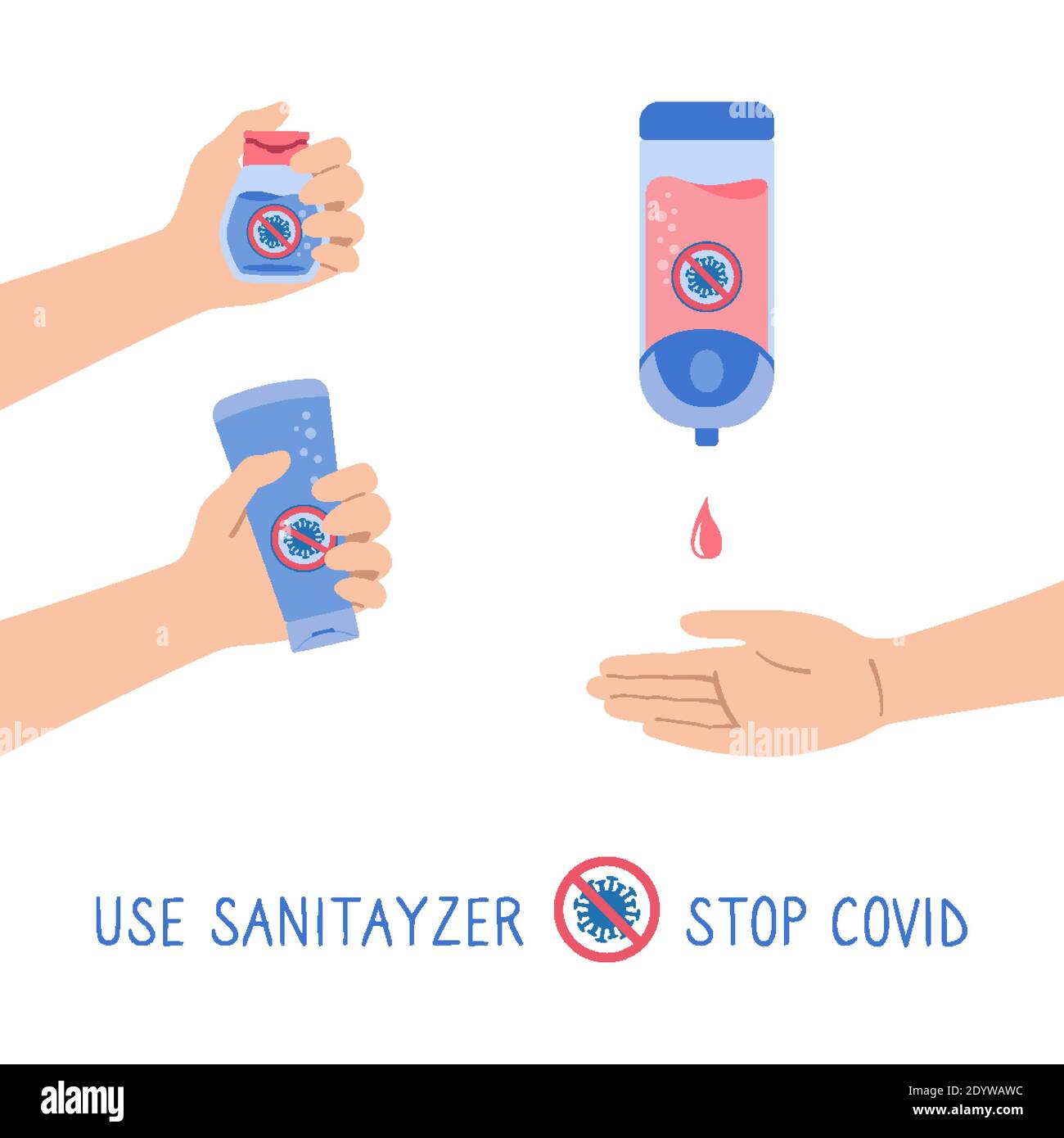Gel mural désinfectant pour les mains, flacon, ensemble de dessins animés. Arrêter le virus covid, les gens utilisent l'alcool antiseptique automatique. Collection de désinfectant plat. Nettoyage des mains. Illustration vectorielle isolée Illustration de Vecteur