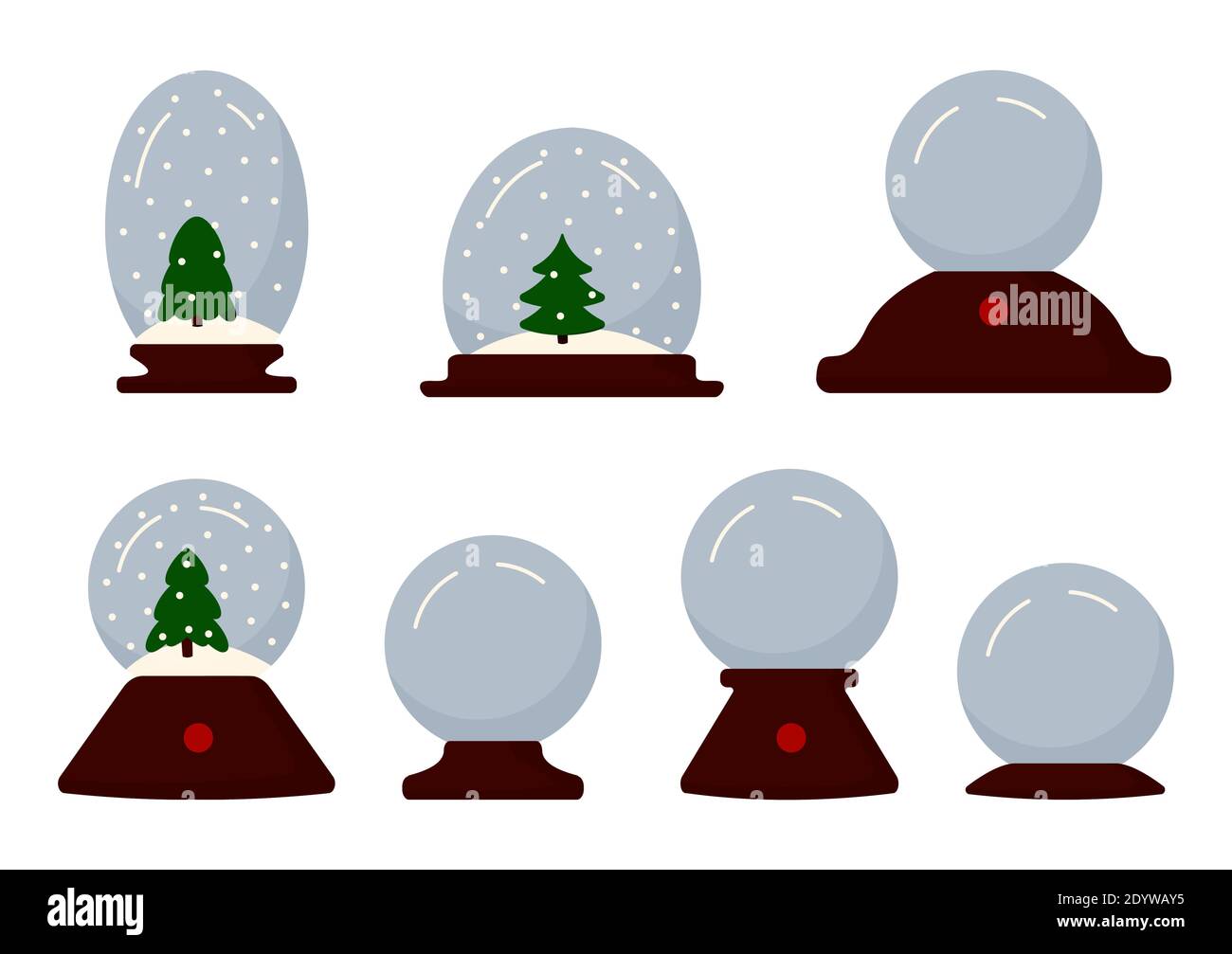 Boule à neige de Noël avec sapin, icônes de dessin animé. Noël hiver