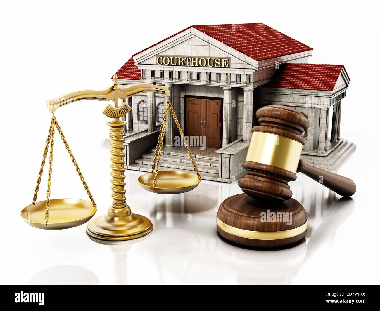 Palais de justice, bâbord et balance équilibrée isolée sur fond blanc. Illustration 3D. Banque D'Images
