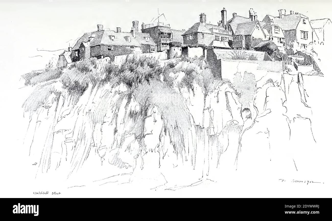Imprimé antique de Watchbell Street, Rye, Sussex, Angleterre par Noel Boxer de Sketches of Old Rye. 1912. Banque D'Images