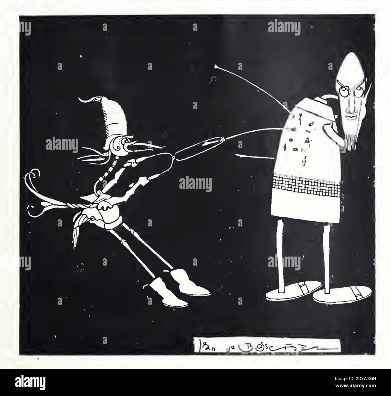Imprimé vintage de l'oiseau et du carton Doll par Jean de Bosschere l'artiste et écrivain belge. Banque D'Images