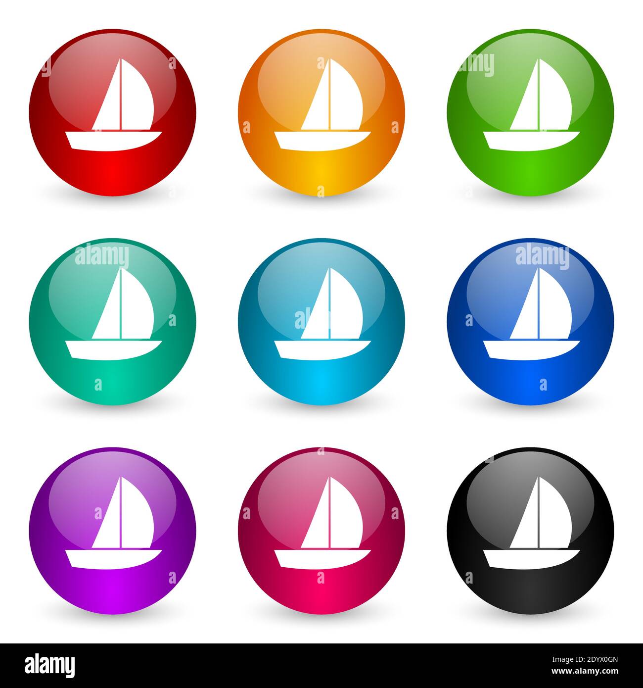 Icônes de vecteur de yacht, ensemble de boutons colorés de rendu 3d brillant dans 9 options de couleur Illustration de Vecteur