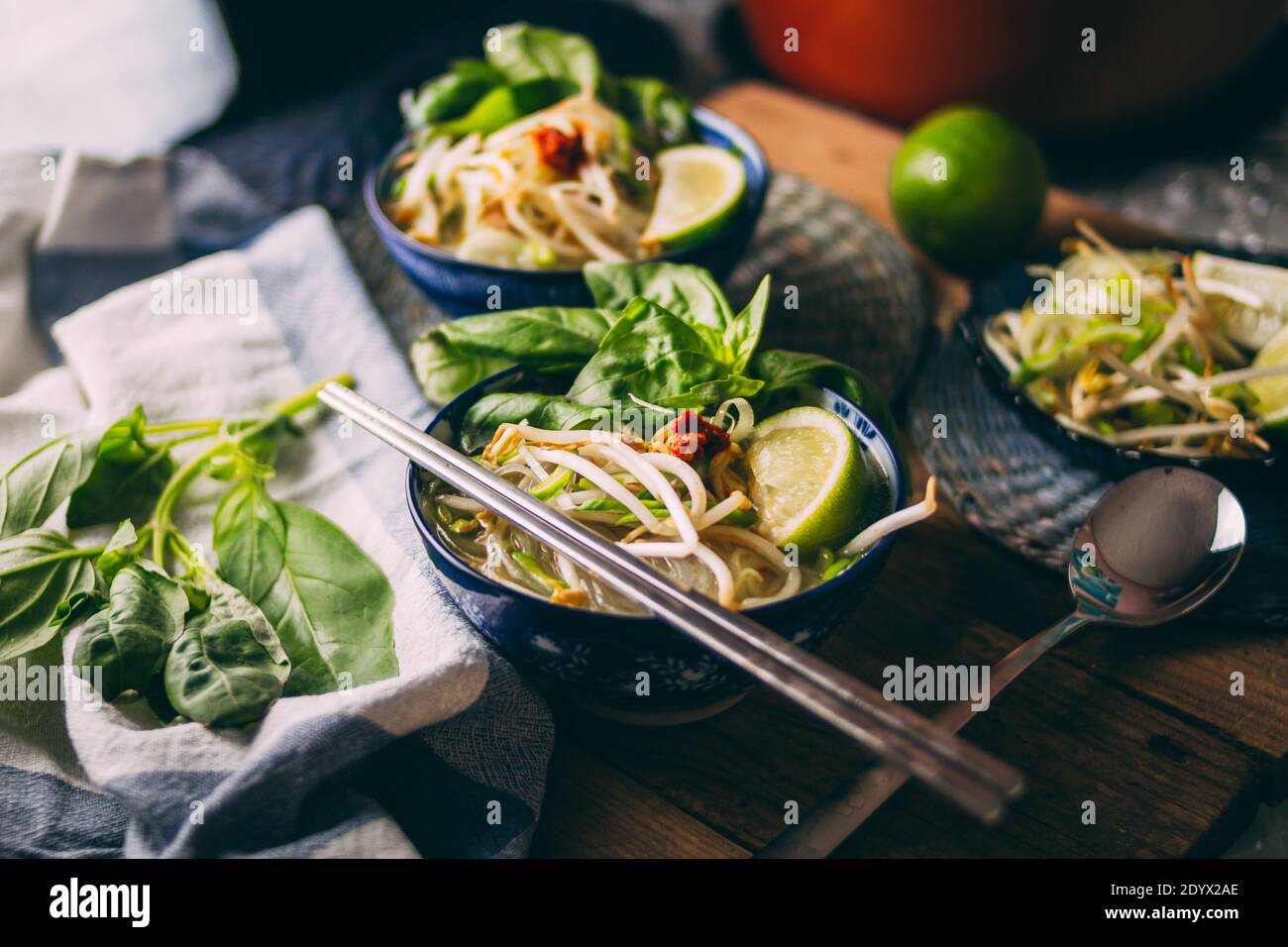 Savoureuse soupe vietnamienne de Pho avec nouilles de riz et poulet. Cuisine maison Banque D'Images