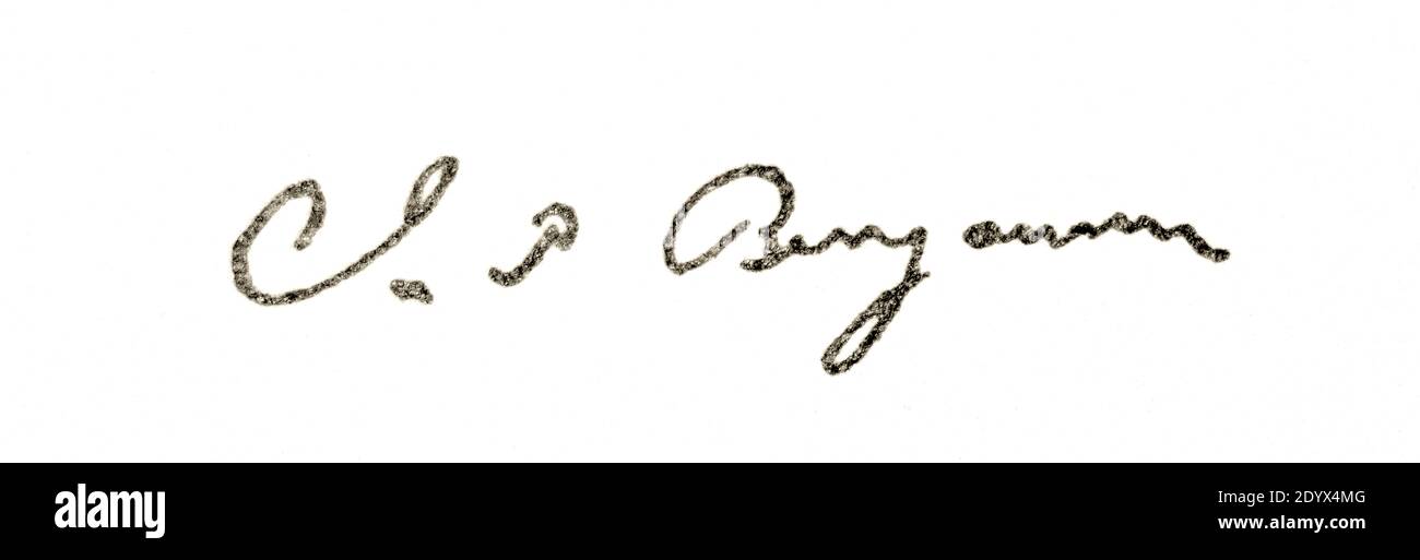 Signature de Juda Philip Benjamin. Philip Judah Benjamin, QC (6 août 1811 – 6 mai 1884) était un avocat et un homme politique qui était un sénateur des États-Unis de Louisiane, un officier du Cabinet des États confédérés et, après son évasion au Royaume-Uni à la fin de la guerre civile américaine, un avocat anglais. Benjamin a été le premier juif à occuper un poste de Cabinet en Amérique du Nord et le premier à être élu au Sénat des États-Unis qui n'avait pas renoncé à sa foi. Banque D'Images